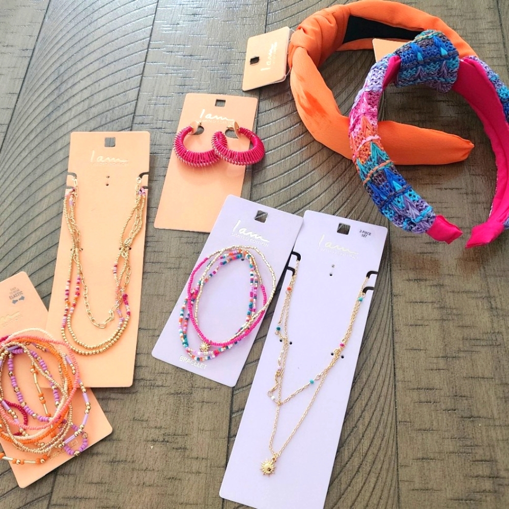 Pink & Orange Jewelry & Head Band Bundle Lot (bracelets, necklaces) 7 items!